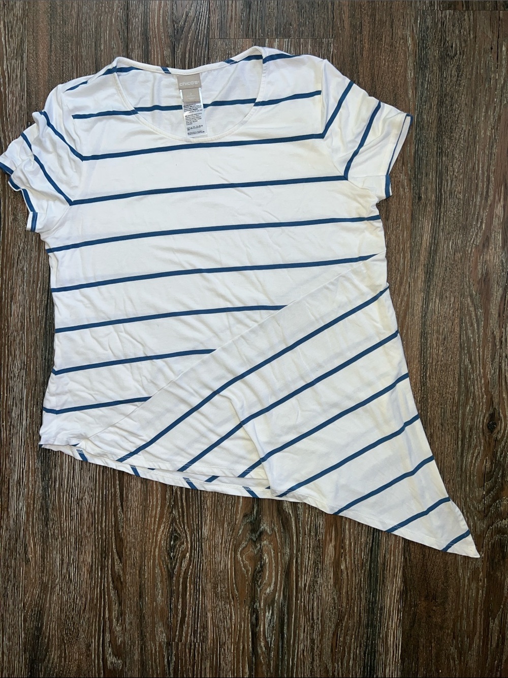 Chico's White Tee with Navy Blue Stripes and Angled and Cut Hem Chico’s size 2